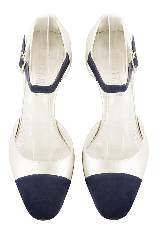 Navy blue and off white women's open side shoes, with an instep strap. Round toe. Medium comma heels. Top view - Florence KOOIJMAN